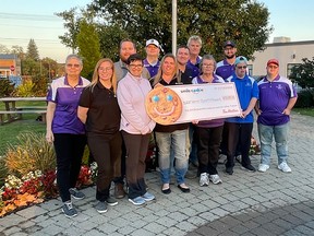 Tillsonburg's four Tim Hortons restaurants, including owners Drew and Kaila Van Der Jagt and Mike and Christina Gazley, donated Smile Cookie proceeds of $55,394 to Special Olmpics Tillsonburg. Accepting the cheque are local Special Olympics athletes, coaches, and volunteers - Tyler Allison, Anne Marie D’Hondt, Bradley Sinden, Rick Buck, Dan Benoit, Pat Benoit, Laverne Sinden, Rosie Couture, and Robert Verhoeve. SUBMITTED