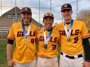 Prince Edward Collegiate grads and current Queen’s University students, Will Ronan (left) and Logan Blower are pictured with Queen’s teammate Max Yuen and their gold medals after helping the school to its first ever OUA baseball title in Kitchener Saturday. SUBMITTED