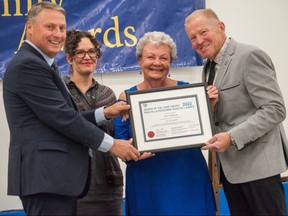 Stratford volunteer Jean Aitcheson (centre right) receives the city’s Senior of the Year award at the Stratford Rotary Complex on Monday from Mayor Dan Mathieson and councillors Kathy Vassilakos and Martin Ritsma. Chris MontaniniStratford Beacon Herald