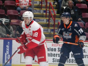 Soo Greyhounds forward Bryce McConnell-Barker in OHL action against the Flint Firebirds. McConnell-Barker was named team captain earler this month.