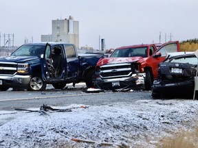 Police and multiple tow trucks were on the scene of a collision involving multiple vehicles on MR 55 near Copper Cliff on Thursday morning. Westbound lanes were closed to traffic.