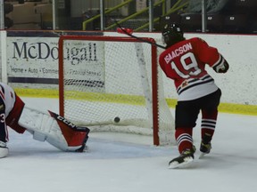 Cornwall goalie Dax Easter has no chance as Brockville forward Zach Isaacson nets his second goal of the first period in the Braves' 7-3 win over the Colts at the Brockville Memorial Centre on Friday, Oct. 21.
Tim Ruhnke/Postmedia Network