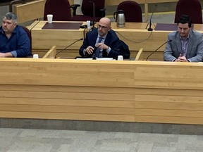Ward 5 council candidates Gideon Down, Corey Gardi, Matthew Scott and Martin Poirier participate in a forum in council chambers. ELAINE DELLA-MATTIA