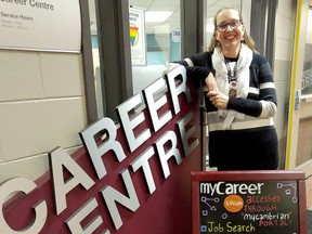 Kelleen Schonfeldt, a partnership co-ordinator at Cambrian College, displays some of the services available to students, staff, and alumni in the Career Centre.