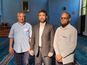 From left, Hassan Elkhodr, Chatham-Kent Muslim Association president, Rizwan Khan, Chatham Islamic Centre president, and Naveed Iqbal, the centre's board secretary, are shown during Saturday's open house at the McNaughton Avenue West mosque. (Trevor Terfloth/The Daily News)