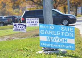 Election signs along the Sunset Strip in Georgian Bluffs on Monday, October 24, 2022.
