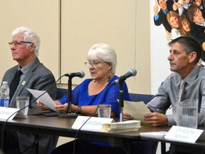 Georgian Bluffs mayoral candidates, from left, Dwight Burley, Sue Carleton, and Scott Catto at a recent all-candidates meeting.