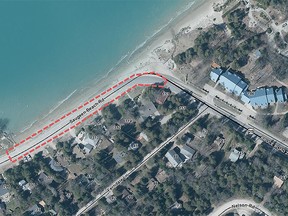 The Saugeen Beach Road construction zone is outlined with read dashed lines.
(Saugeen Shores)