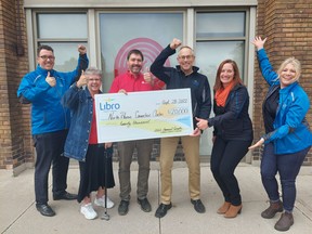 Libro Credit Union recently donated $20,000 in support of the Northern Huron Connection Centre (NHCC), which United Way Perth-Huron (UWPH) anticipates opening in February of 2023. From left: Shawn Lawler of Libro Credit Union, Lisa Harper of United Way Perth-Huron (UWPH), Ryan Erb (UWPH), Marty Rops (Libro), Tanya Quipp (Libro), and Debb Finch (Libro). Submitted photo.