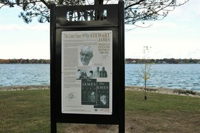 Three panels detailing the life of Courtright magician Stewart James stand along the river in Courtright Waterfront Park.  Carl Hnatyshyn / Sarnia this week