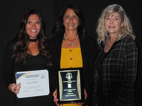 Cherie Johnston from RBC, right, with RBC Golden Apple nominees Diane Leschied, centre, and Katie O'Neill. Diane Leschied won the award.