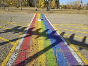 Parkland RCMP are investigating a possible hate crime after a severed pig's head was found on Graminia School's Pride crosswalk on the morning of Sunday, Oct. 16. Photo submitted.