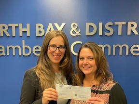 Donna Backer, Interim President and CEO of the North Bay & District Chamber of Commerce presents a cheque from proceeds from their charity golf tournament to Kate Merritt-Dupelle, executive director of the  North Bay Area Community Foundation.