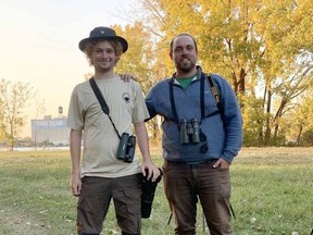 Kiah Jasper, left, after setting an Ontario Big Year record with his 347th bird species spotted, with former record holder Jeremy Bensette.