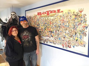 Kellie Higgins and Ki Larsen, owners of the Rawkin' RoyalT, are seen here by a mural, created by former Royal Tavern owner Kevin Wallace featuring hundreds of past customers, that continues to be an interesting conversation piece. PHOTO Ellwood Shreve/Chatham Daily News