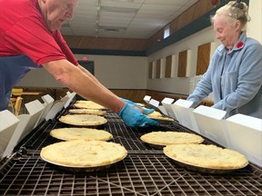 Volunteers with the Royal Canadian Legion Branch 599 in West Ferris spent Monday morning making and packaging homemade meat pies to sell. The legion has been making the pies since 1986 as a fundraiser to help pay for renovations at the branch, as well, utility bills. This year they will make 4,500 pies.