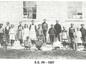 John Cannon Stothers (standing far right) was barely 20 in 1907 when the photo was taken. In January 1916, Stothers enlisted in the 170th battalion (Mississauga Horse) and saw service overseas. Stothers’ teaching experience in a one-room school house was typical for a Huron County teacher. Courtesy Erynn Sheratt-McGee and the History of North East Ashfield Township (1976).