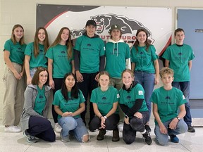 The Eco Exeter group at South Huron District High School is leading a community Halloween cleanup on Tues., Nov. 1. Pictured front from left are teacher Amanda Keller, Alifa Andika, Grace Theophilopoulos, Bria McCann and Adam Wein; and back from left, Keera Bjelis, Liza Papple, Hallie Oke, Samual Dikdan, Ryan Marsh, Julie Wein and Owen Munn. Handout