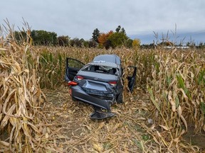 The driver of this Toyota Corolla was seriously injured in a collision with an Audi S4 that had been pursued by Strathroy-Caradoc police on Oct. 14, 2020. (SIU supplied photo)