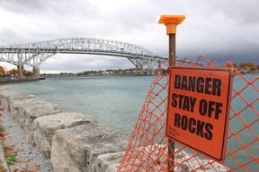 A section of shoreline protection armor stone north of the Blue Water Bridge is set to be replaced this winter by the Lambton Area Water Supply System.  (PAUL MORDEN/The Observer)