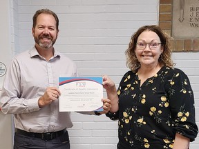 The Lambton Kent District School Board's personal support worker program has received a new three-year quality assurance certificate. Shown here are Jeremy Gower, principal of Wallaceburg District Secondary School, and Lisa Zandbergen, PSW teacher. (Handout/Postmedia Network)