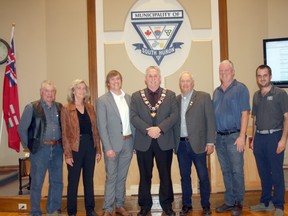 The new South Huron council for 2022-2026. From left Stephen Ward councillors Milt Dietrich and Marissa Vaughan, Exeter Ward Coun. Aaron Neeb, Mayor George Finch, Deputy Mayor Jim Dietrich, Usborne Ward Coun. Ted Oke and Exeter Ward Coun. Marc Denomme.
