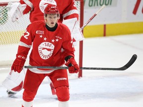 Soo Greyhounds defenceman Luc Brzustowski in recent OHL action. Brzustowski was taken off the ice on a stretcher early in the second period after taking a heavy hit from Tyler Boucher of the Ottawa 67's in Sunday's 6-1 loss. After the game head coach John Dean says the 19-year-old was 'doing well.'