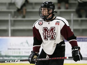 Chatham Maroons' Jaxen Fortier-Smith (4) plays against the Leamington Flyers at Chatham Memorial Arena in Chatham, Ont., on Sunday, Sept. 11, 2022. Mark Malone/Chatham Daily News/Postmedia Network