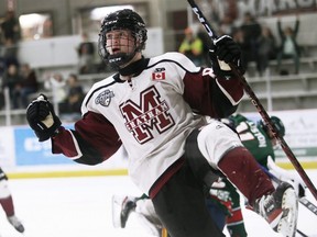 Chatham Maroons' David Brown celebrates after scoring his first goal against the St. Marys Lincolns at Chatham Memorial Arena in Chatham, Ont., on Sunday, Oct. 2, 2022. Mark Malone/Chatham Daily News/Postmedia Network