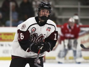 Chatham Maroons' Connor Dvorak (16) plays against the Leamington Flyers at Chatham Memorial Arena in Chatham, Ont., on Saturday, Oct. 8, 2022. Mark Malone/Chatham Daily News/Postmedia Network