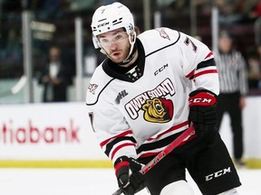 Owen Sound Attack's Deni Goure plays against the Sarnia Sting at Progressive Auto Sales Arena in Sarnia, Ont., on Wednesday, Oct. 12, 2022. Mark Malone/Chatham Daily News/Postmedia Network