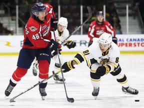 Windsor Spitfires' Alex Christopoulos (48) sends a pass away from Sarnia Sting's Max Namestnikov (81) in the second period at Progressive Auto Sales Arena in Sarnia, Ont., on Friday, Oct. 14, 2022. Mark Malone/Chatham Daily News/Postmedia Network
