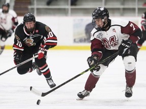 Chatham Maroons' Liam Doyle (7) is chased by Sarnia Legionnaires' Joaquin Gonzalez (10) at Chatham Memorial Arena in Chatham, Ont., on Saturday, Oct. 15, 2022. Mark Malone/Chatham Daily News/Postmedia Network