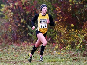 Samantha Stewart of Blenheim runs in the senior girls' race at the LKSSAA cross-country championship at the Thames Grove Conservation Area in Chatham, Ont., on Thursday, Oct. 20, 2022. Mark Malone/Chatham Daily News/Postmedia Network