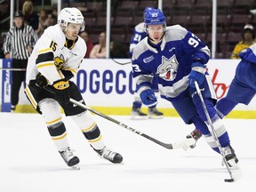 Sudbury Wolves' Matthew Mania (93) protects the puck from Sarnia Sting's Marko Sikic (15) in the first period at Progressive Auto Sales Arena in Sarnia, Ont., on Friday, Oct. 28, 2022. Mark Malone/Chatham Daily News/Postmedia Network