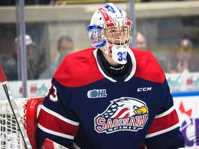 Brett Fullerton plays for the Saginaw Spirit in the 2021-22 Ontario Hockey League season. (Natalie Shaver/OHL Images)
