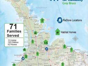 Map of families served by Habitat for Humanity Grey Bruce. (Facebook)