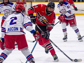 Newcomer Andrew Gysbers (24) of the Mitchell Hawks scored three goals to lead the Hawks to a 6-3 win over the Kincardine Bulldogs Oct. 15. JEFF LOCKHART