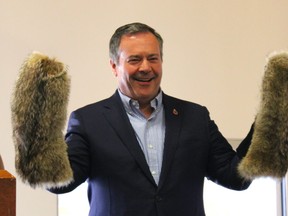Premier Jason Kenney shows off mitts made from coyote that were gifted to him by the leadership of the Fort McKay First Nation on October 3, 2022. The mitts were a gift for Kenney's support for the Moose Lake Area Management Plan on October 3, 2022. Vincent McDermott/Fort McMurray Today/Postmedia Network