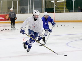 Players and coaches from the Sudbury Lady Wolves U18 AA hockey team practise at Gerry McCrory Countryside Sports Complex in Sudbury, Ontario on Thursday, October 6, 2022.