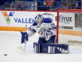 Sudbury Wolves goalie Joe Ranger makes a save during OHL action against the Barrie Colts at Sudbury Community Arena in Sudbury, Ontario on Friday, October 14, 2022.