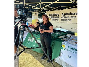 OFA President Peggy Brekveld speaking with local RogersTV on the importance of increasing awareness about farmer mental health support, including free counselling sessions through Farmer Wellness Initiative. Supplied