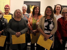 Winners of the Belleville Art Association's annual Juried Show
are pictured from the left: Doris Scott, Sara Wynn,  Maureen Zahorbynsky, Elizabeth Coxwell Eby, Sue Panko, Renee Hiltz, Ilse Nel-Landers, Jeannine Berscheid, and Penny Thompson. JACK EVANS PHOTO