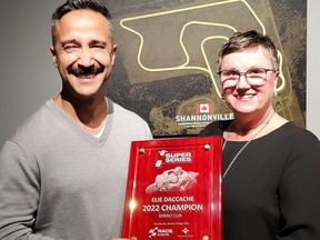 Elie Daccache was presented with his 2022 RACE Super Series Sprint Cup championship plaque Sunday at Shannonville Motorsport Park's new event centre by Super Series General Manager, Dominique Bondar. SUBMITTED PHOTO