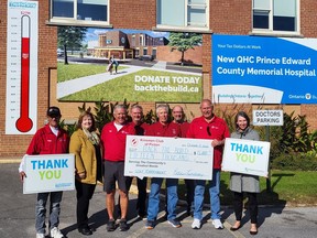 Pictured in front of the PECM Hospital are (from left) Kinsmen Wayne Fenemore; Nancy Parks, Back the Build campaign chairperson; Terry Deroche; Brent Timm; Ross Lindsay; Ray Prevost and Phil St- Jean with the Kinsmen and Shannon Coull, executive director of the PECMH Foundation. BRIAR BOYCE