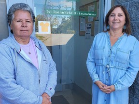 Laura Morris, left, and Callie Hill outside the Tsi Tyónnheht Onkwawén:na in Tyendinaga Mohawk Territory. (Jan Murphy/Local Journalism Initiative)