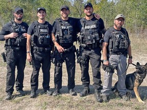 Members of the Mutts and Jeff Wiggle Waggle Walkathon team participating in this Saturday's Humane Society Hastings Prince Edward fundraiser, include: Belleville Police officers Matt Sweet, Greg Kendall, Jeff Smith, Kyle King, Jesse McInroy, and Bax. SUBMITTED PHOTO
