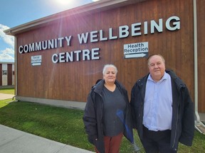 Susan Barberstock, director of the Community Wellbeing Centre, and Mohawks of the Bay of Quinte Chief R. Donald Maracle, outside the centre, which was donstructed a decade ago. (Jan Murphy/Local Journalism Initiative Reporter)