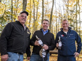 From left, Walt's Sugar Shack co-owner Brian Walt, Agriculture Shadow Minister MP John Barlow and Bay of Quinte MP Ryan Williams on Friday in Consecon, Ontario. ALEX FILIPE