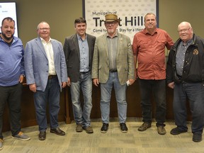 The Trent Hills Council for the next four years are pictured above, from the left: Daniel Giddings – Ward 3, Rick English – Ward 4, Deputy Mayor Michael Metcalfe, Mayor Bob Crate, Rob Pope – Ward 2 and Gene Brahaney Ward 1. Missing from the photo is Dennis Savery Ward 5. EVELYN MCLEOD PHOTO
